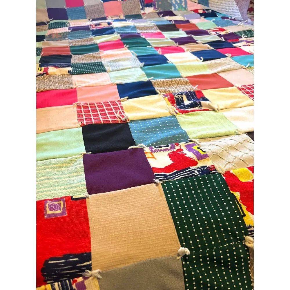 Vintage 1970s Handmade Patchwork Quilt reversible Polyester Boho Decor 80 x 70